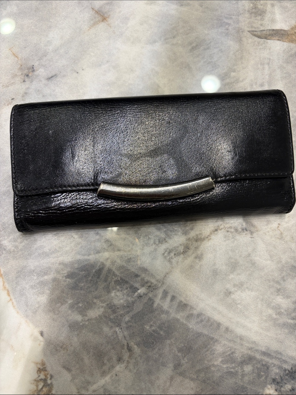 HOBO Black Leather Fold Wallet with Silver Bar Accent